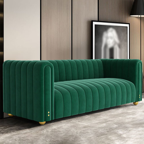 Mercer41 Goshay 81.3'' Upholstered Velvet Round Arm Chesterfield Sofa